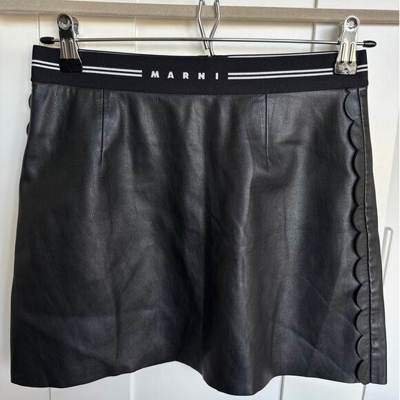 Marni Kid's Black Faux Leather Skirt with Logo and Scalloped Side, Size 12, EUC - Picture 1 of 9